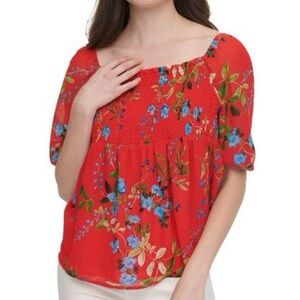 Calvin Klein Red Floral Stretchy Blouse Woman Size Large Top